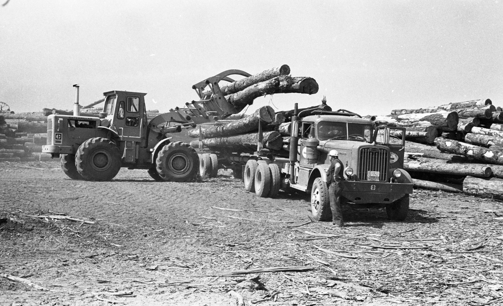 Unloading logs at Perry Bros. Sawmill, 1969