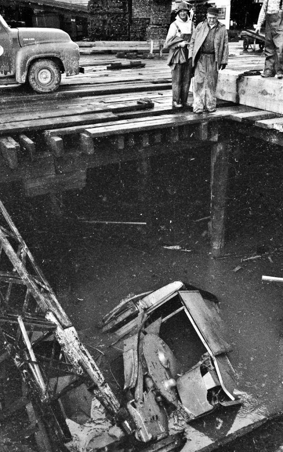 Crane fell through dock, 1961