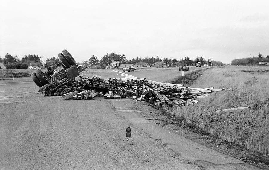 Overturned lumber trailer 1962
