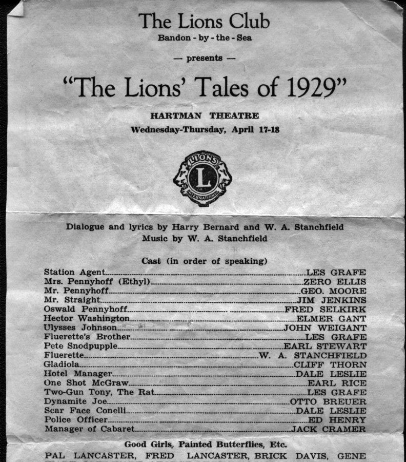 Lions Club program, 1929