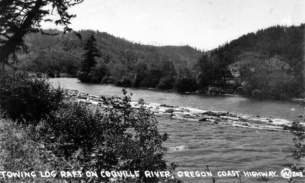 Towing log raft Coquille River